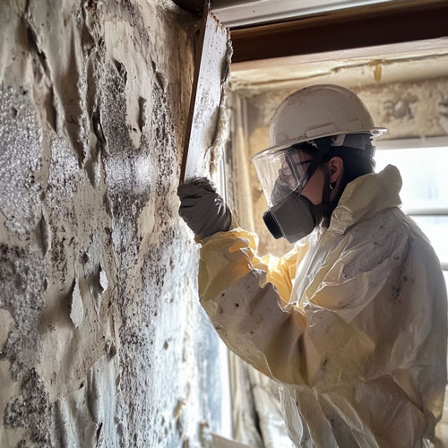 Specialist Removing Damaged Wall with Mold Growth